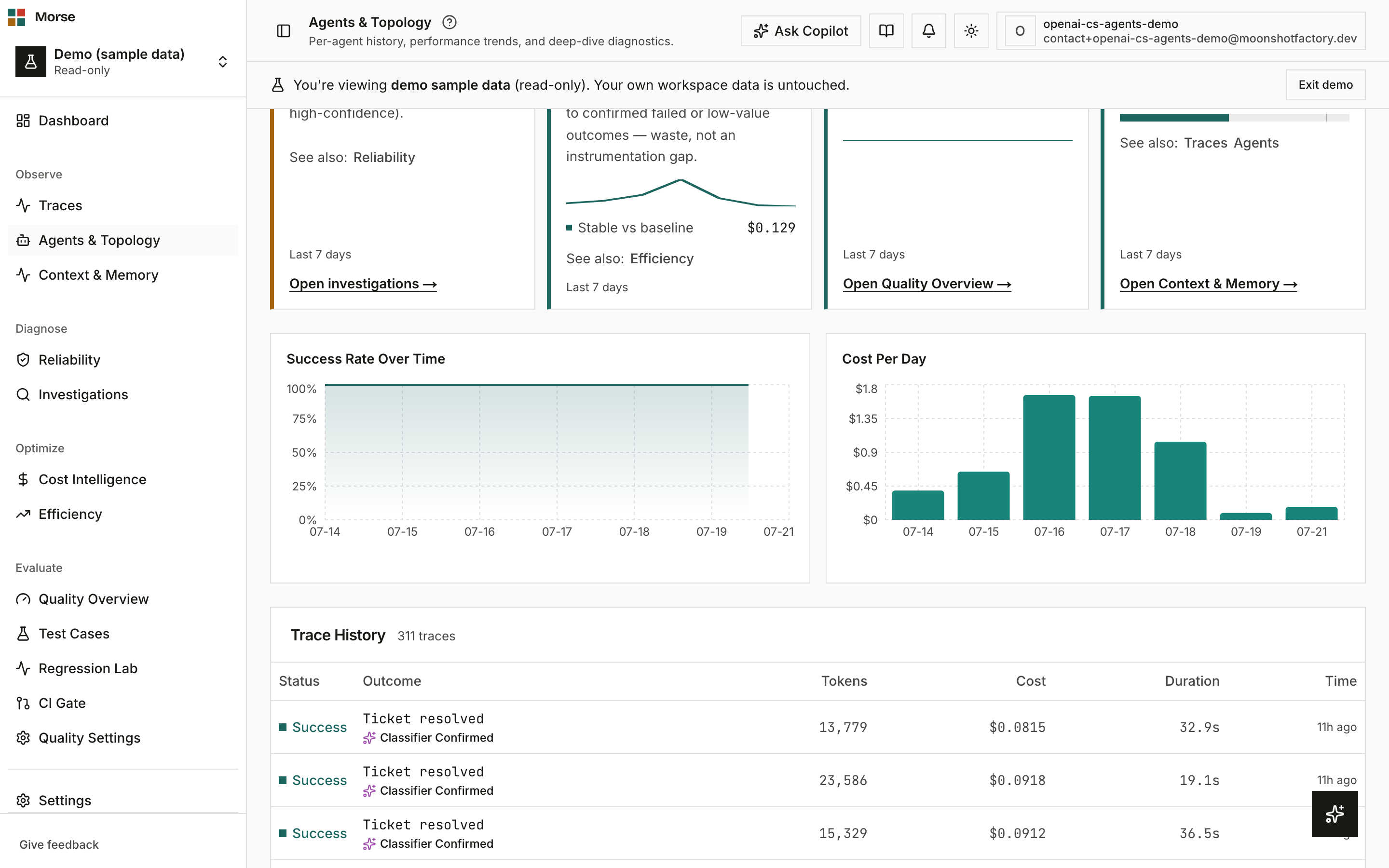 An agent detail page with KPI cards and trace history