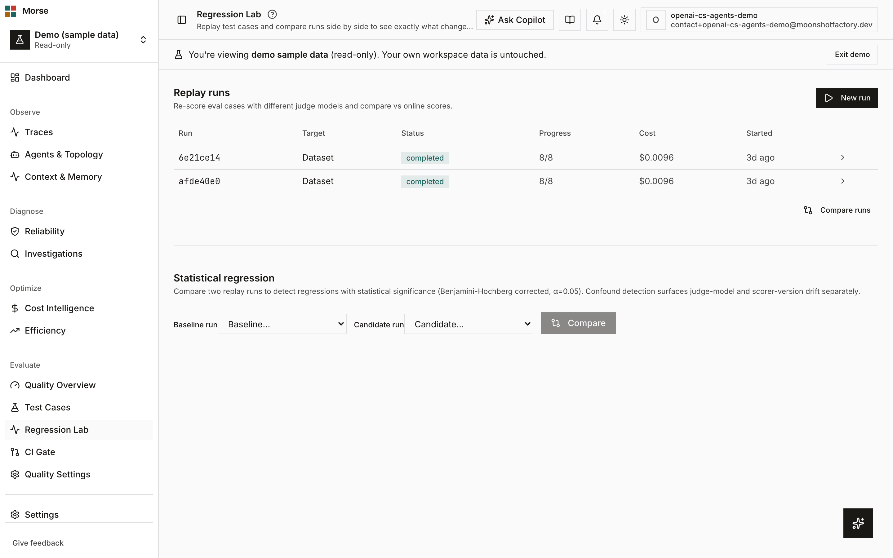 The Regression Lab with a completed comparison and the per-scorer verdict table