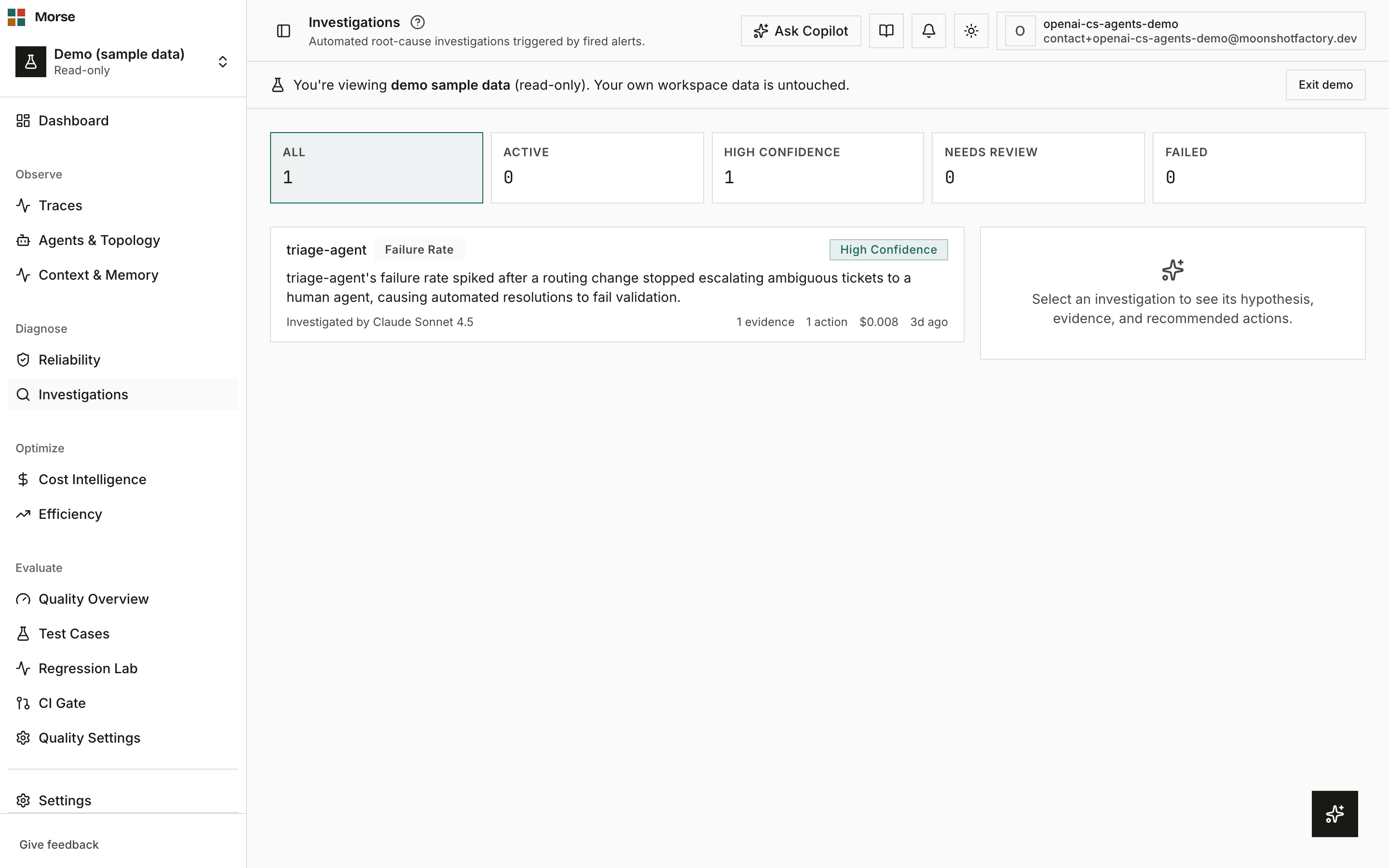 The Investigations command center with the summary strip, queue, and detail pane open